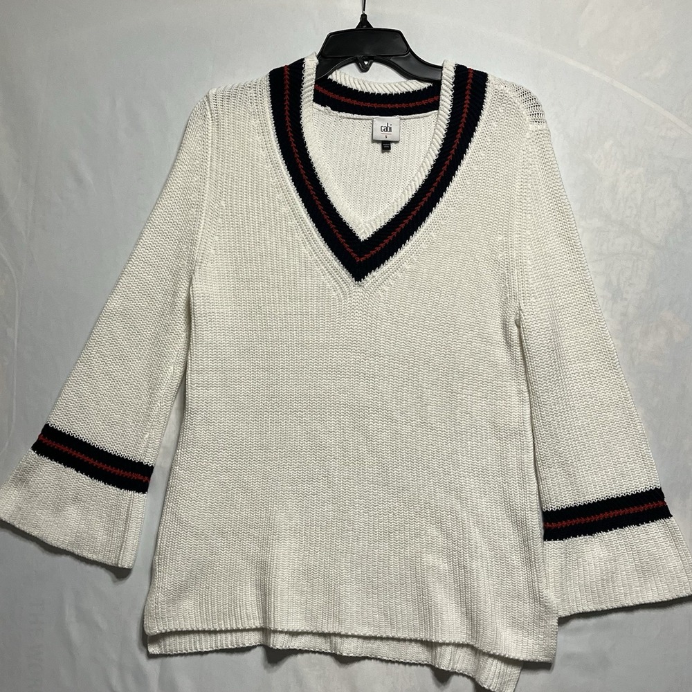 Cabi Womens White Varsity V-Neck Shaker Knit Sweater Striped Trim Small